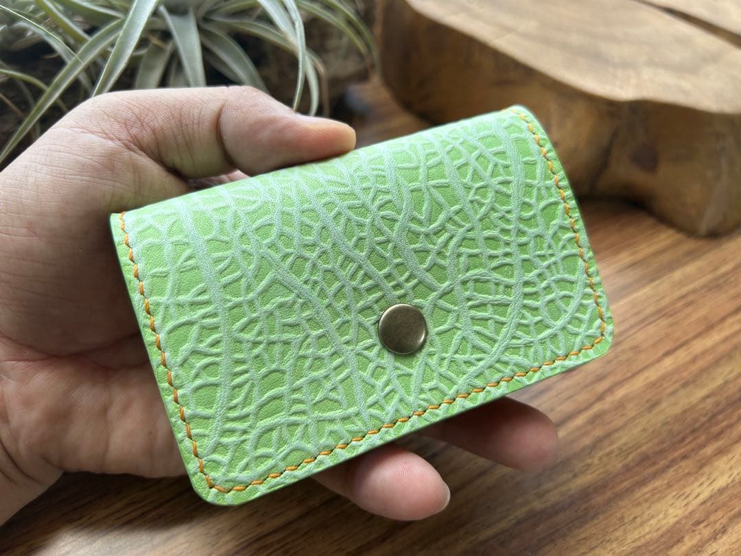 【エテ二朗】メロン型押しレザー 名刺入れ＆L字ファスナー財布　手縫い　本革