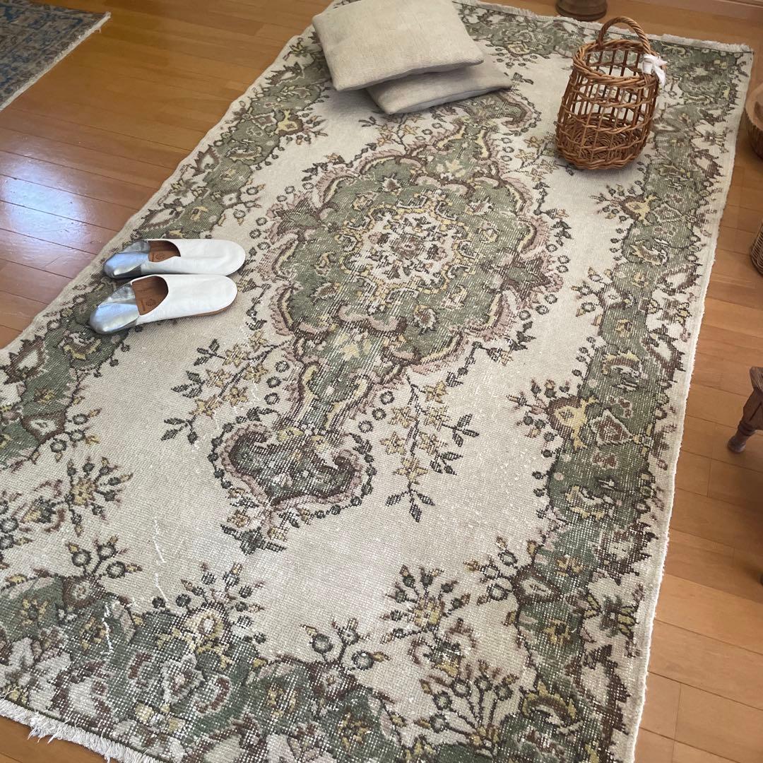 115×206 モスグリーン×クリーム　メダリオン　トルコヴィンテージラグ