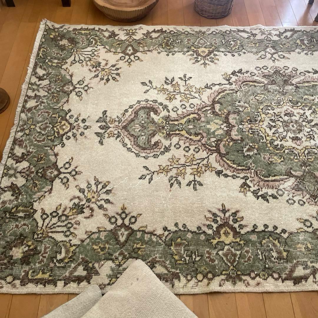 115×206 モスグリーン×クリーム　メダリオン　トルコヴィンテージラグ