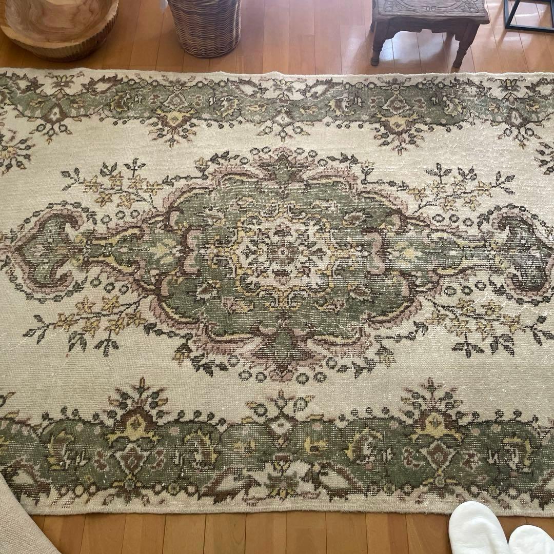 115×206 モスグリーン×クリーム　メダリオン　トルコヴィンテージラグ