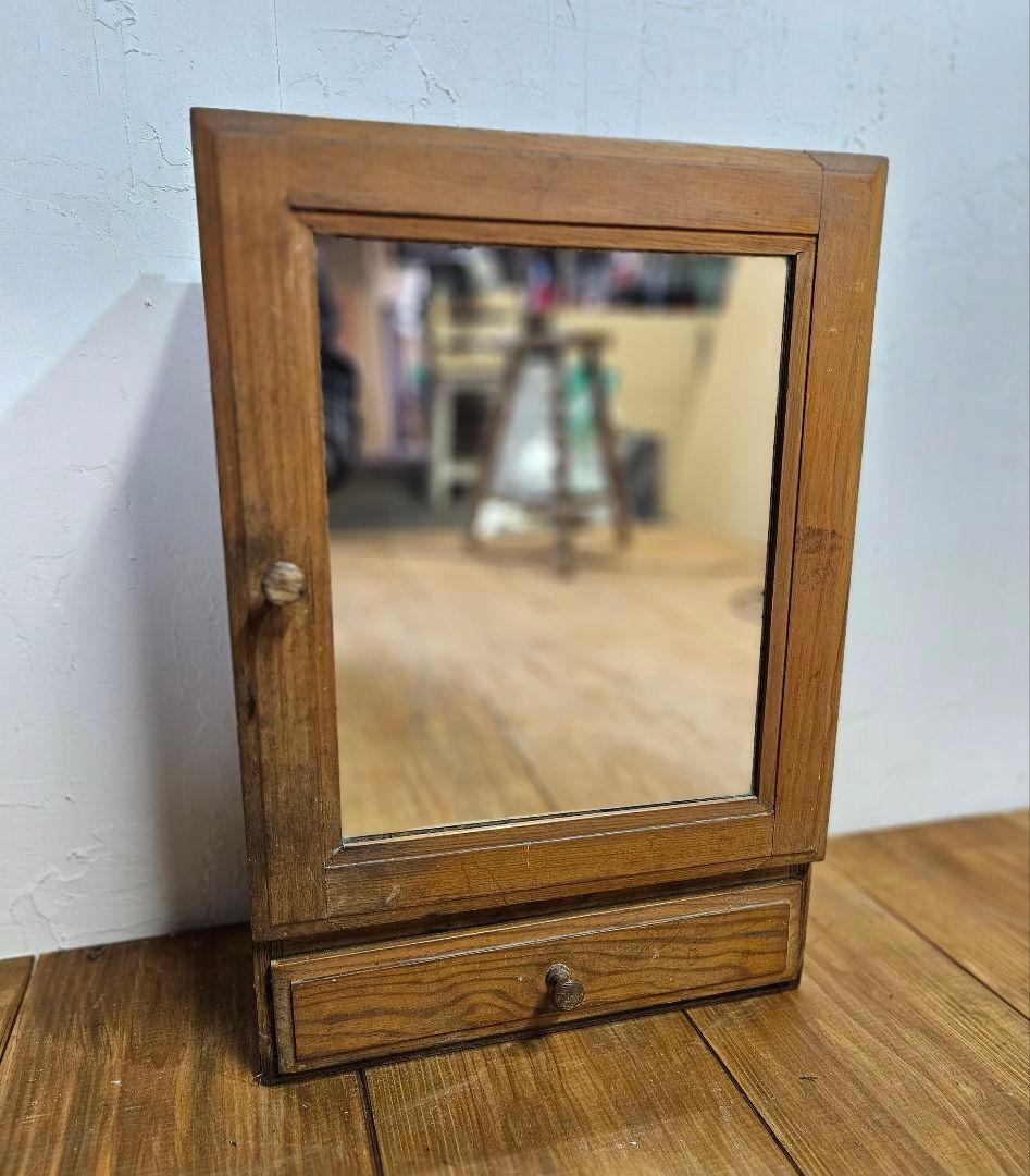 フランスヴィンテージ ミラーキャビネット 壁掛け ウォールシェルフ 鏡 木製