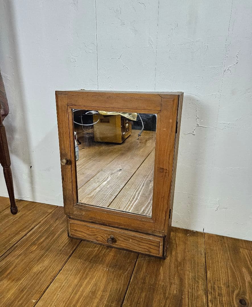 フランスヴィンテージ ミラーキャビネット 壁掛け ウォールシェルフ 鏡 木製