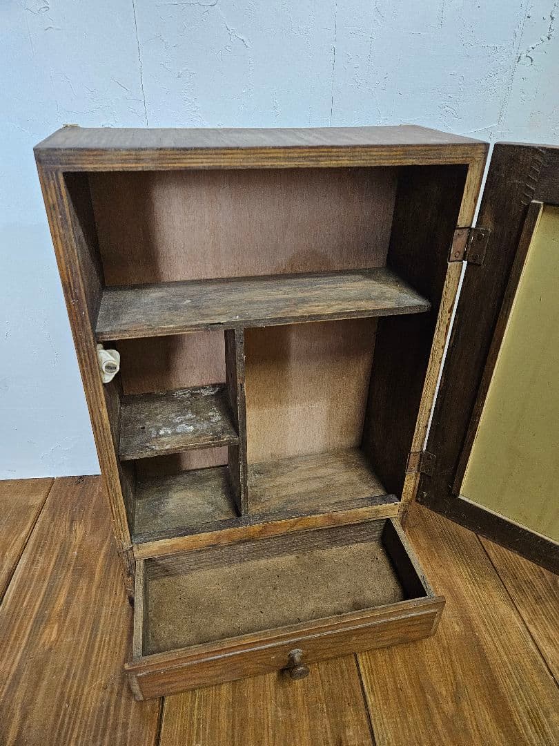 フランスヴィンテージ ミラーキャビネット 壁掛け ウォールシェルフ 鏡 木製