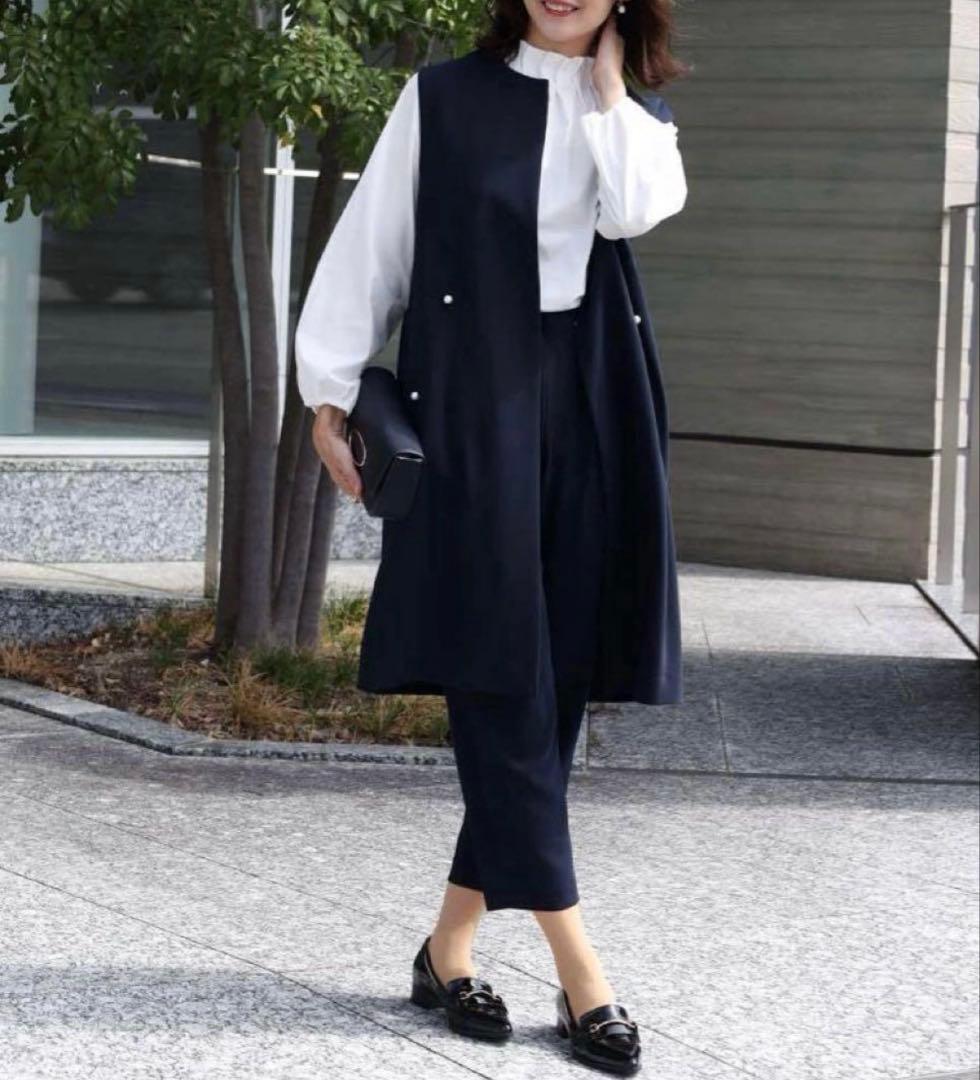 高級 Vin 手洗い可 ポイント　パール　ジレ ヤマダヤ　ネイビー　紺 着用感L