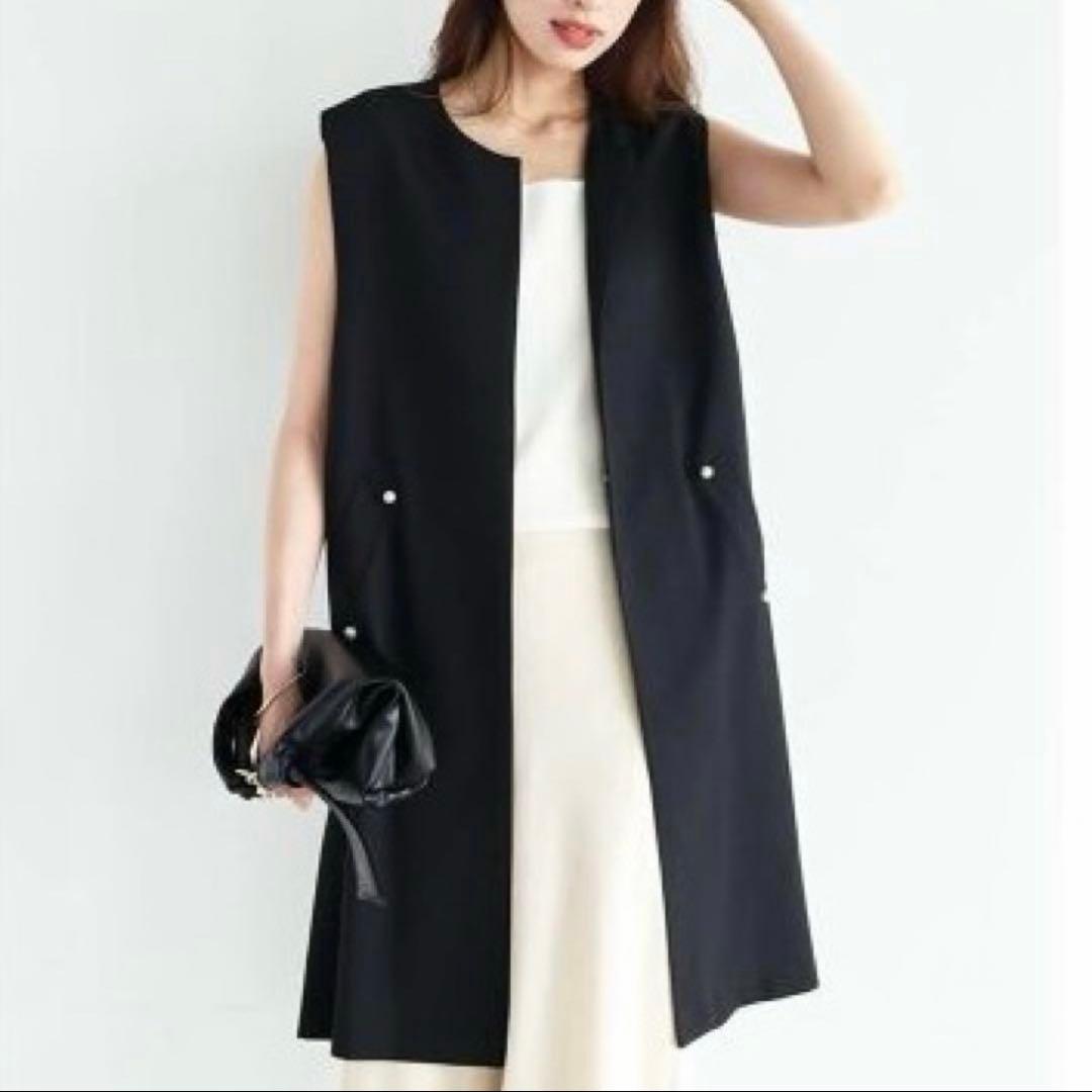 高級 Vin 手洗い可 ポイント　パール　ジレ ヤマダヤ　ネイビー　紺 着用感L