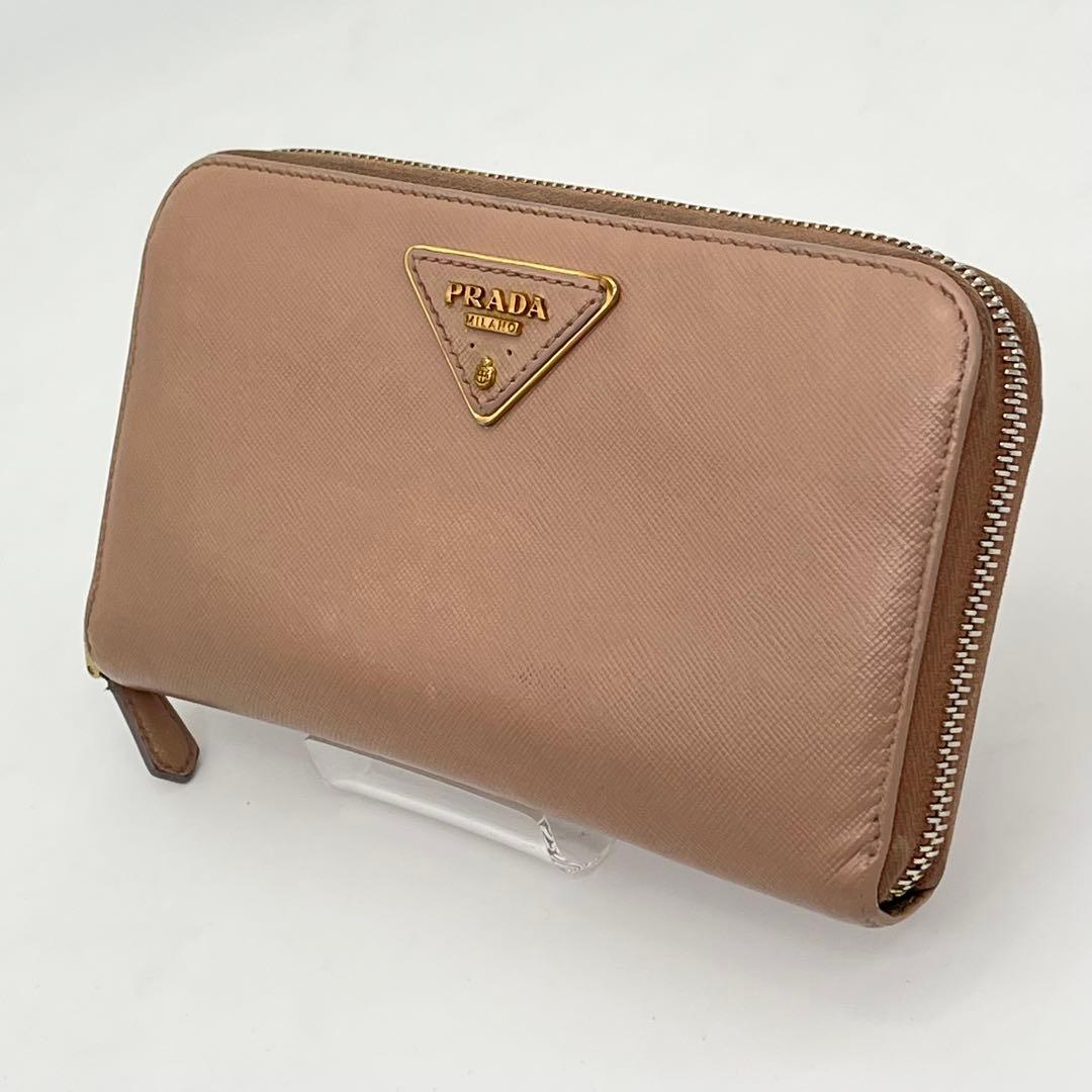 PRADA 長財布 ラウンドファスナー 三角ロゴ ゴールド金具 ピンクベージュ