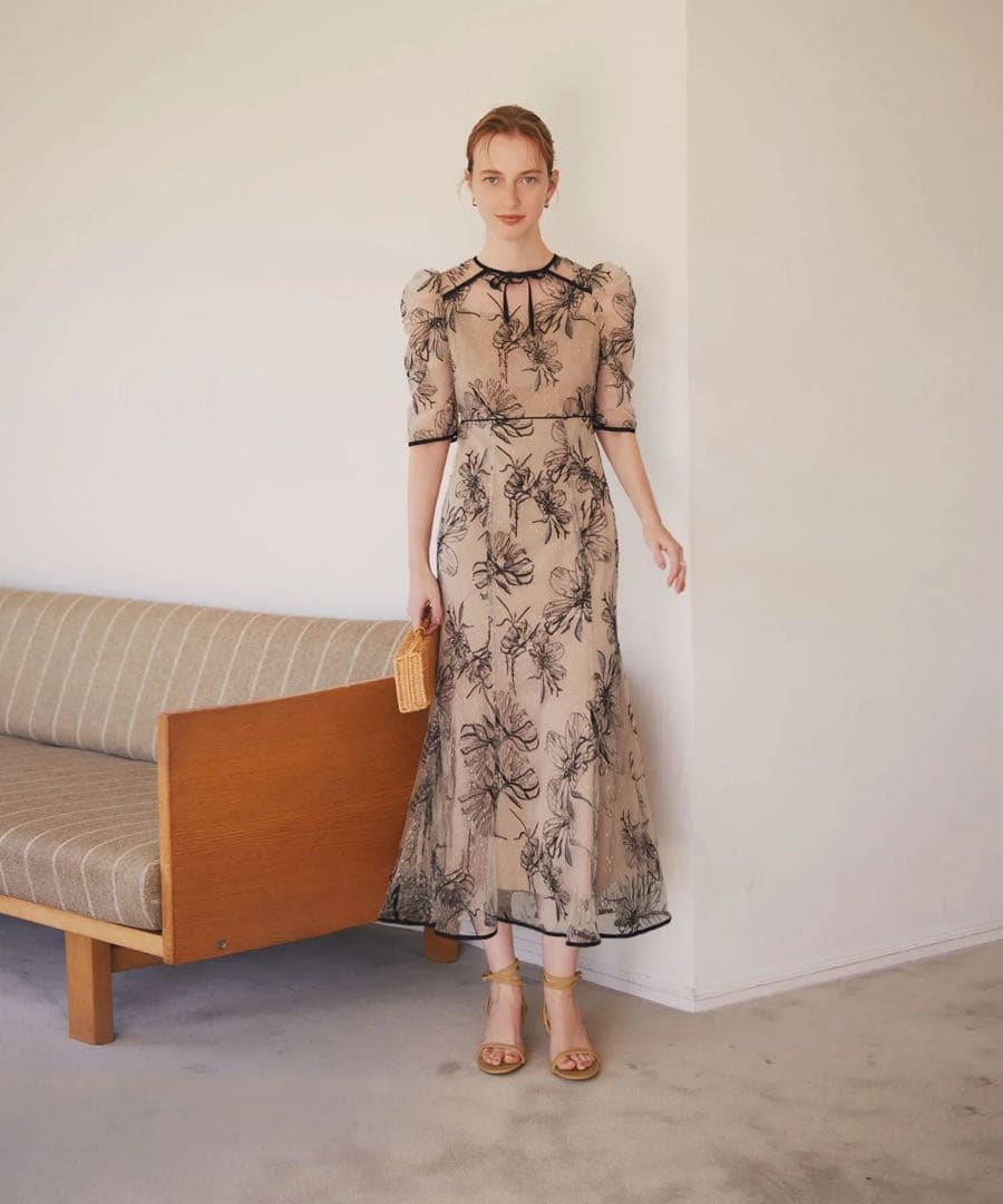 leja 花柄リボンパフスリーブマーメイドワンピースドレス Sサイズ