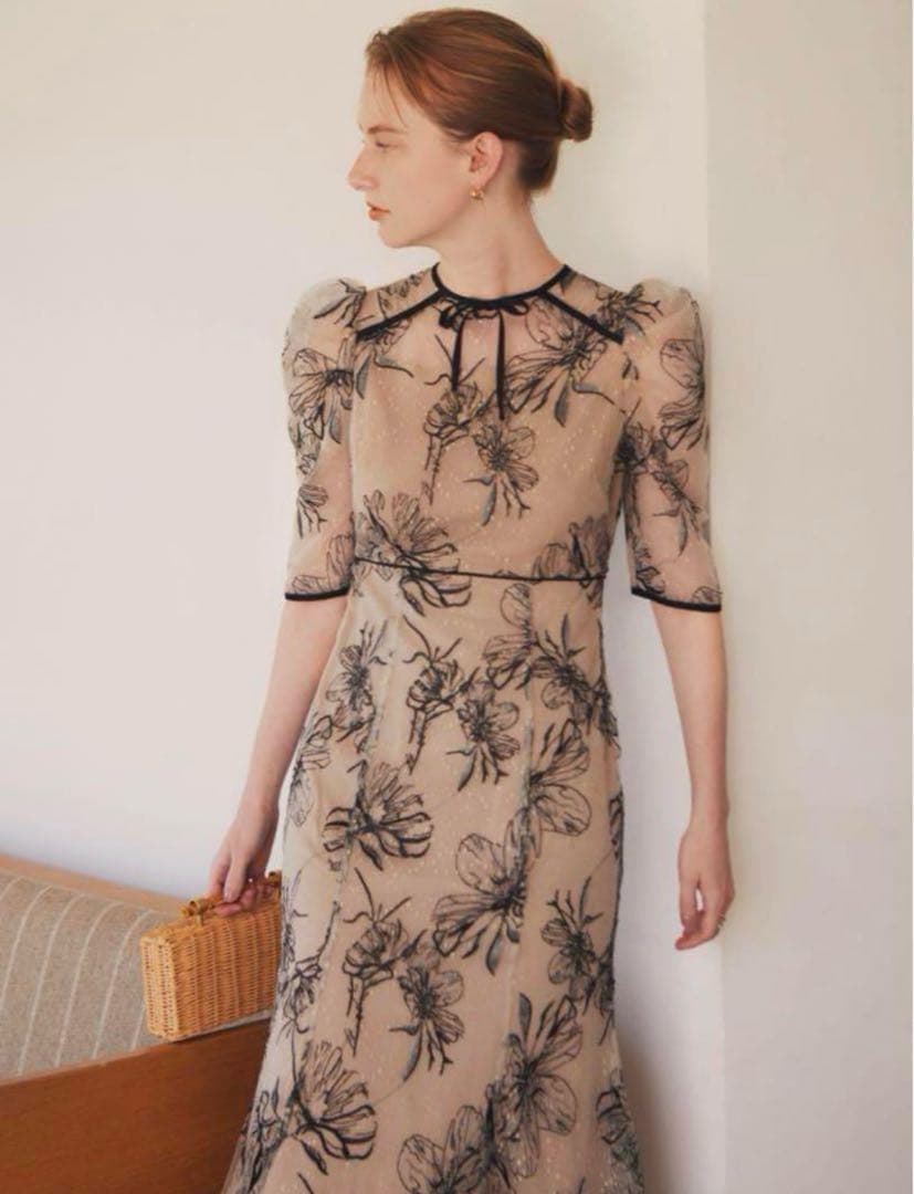 leja 花柄リボンパフスリーブマーメイドワンピースドレス Sサイズ