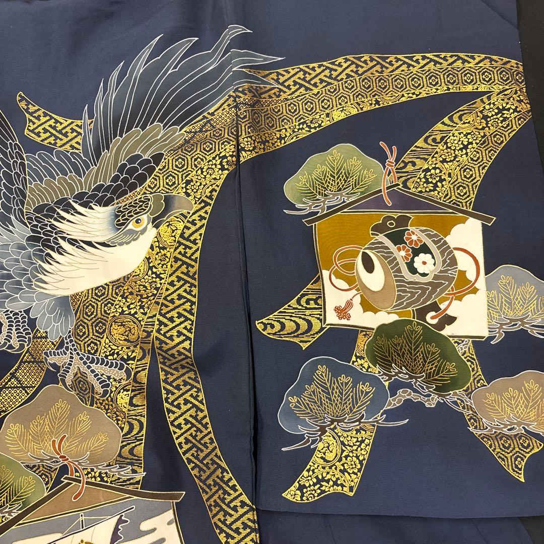 マー君新品男子正絹祝着京友禅大鷹多色手描き染、特選豪華金彩熨斗宝船大王松文