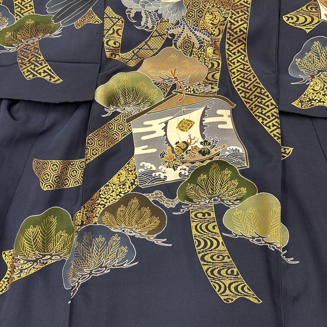 マー君新品男子正絹祝着京友禅大鷹多色手描き染、特選豪華金彩熨斗宝船大王松文