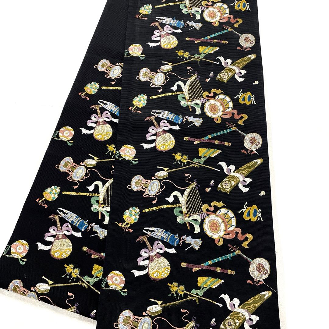 帯5956 ●山下織物謹製 高級 正絹 雅楽器集め 六通 袋帯