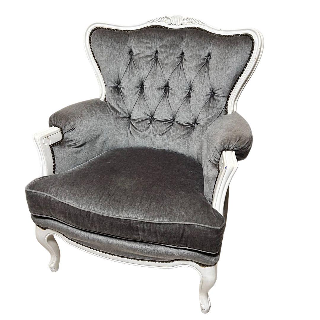 カリモク　ロココ調　グレー　アンティーク　シングルソファ