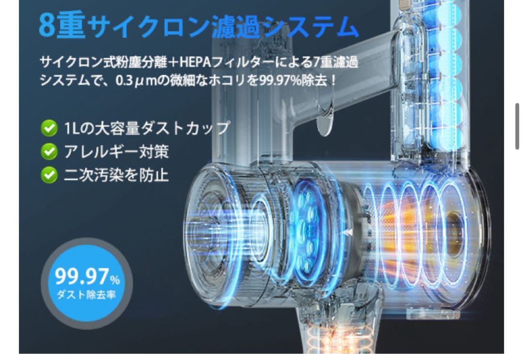 コードレス掃除機♥自立式 業界初 75KPa超強力吸引 65分連続駆動