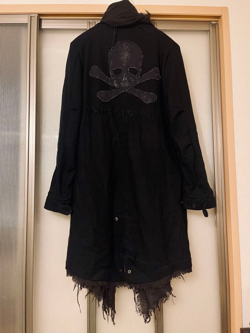 Roen ダメージ 退廃加工 スカルバック レイヤード モッズコート フード 黒