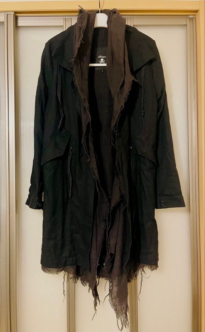 Roen ダメージ 退廃加工 スカルバック レイヤード モッズコート フード 黒