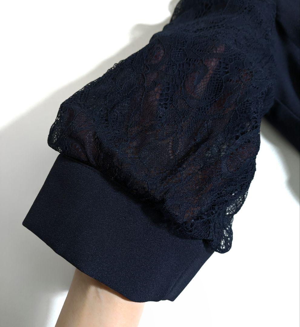 プールヴー／サイズ4L ウエストタックフレアドレス マキシ丈 ネイビー レース