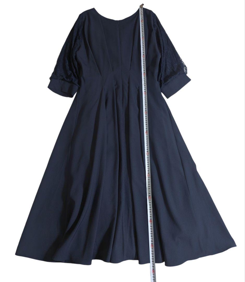 プールヴー／サイズ4L ウエストタックフレアドレス マキシ丈 ネイビー レース