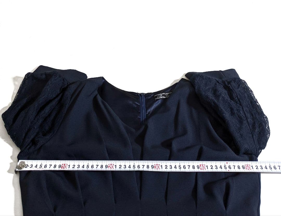 プールヴー／サイズ4L ウエストタックフレアドレス マキシ丈 ネイビー レース