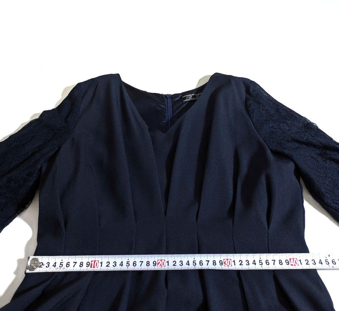 プールヴー／サイズ4L ウエストタックフレアドレス マキシ丈 ネイビー レース