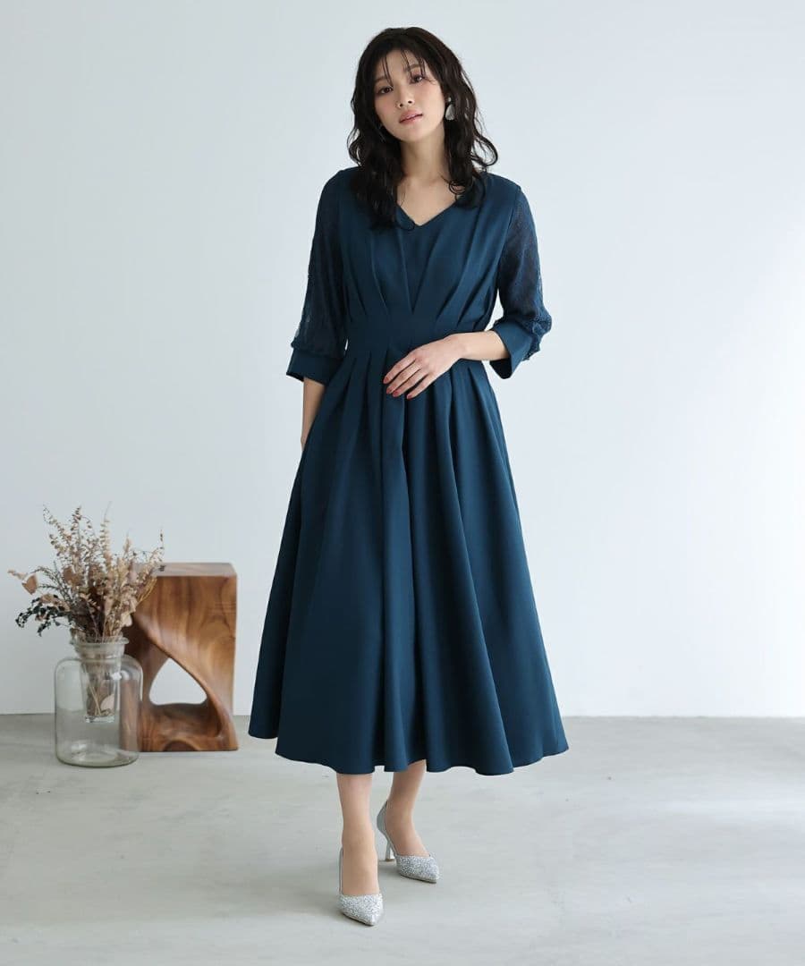 プールヴー／サイズ4L ウエストタックフレアドレス マキシ丈 ネイビー レース