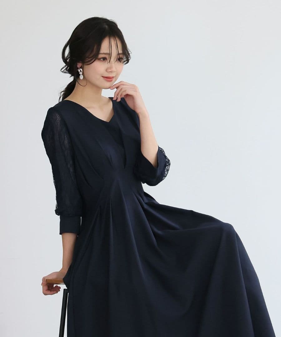 プールヴー／サイズ4L ウエストタックフレアドレス マキシ丈 ネイビー レース