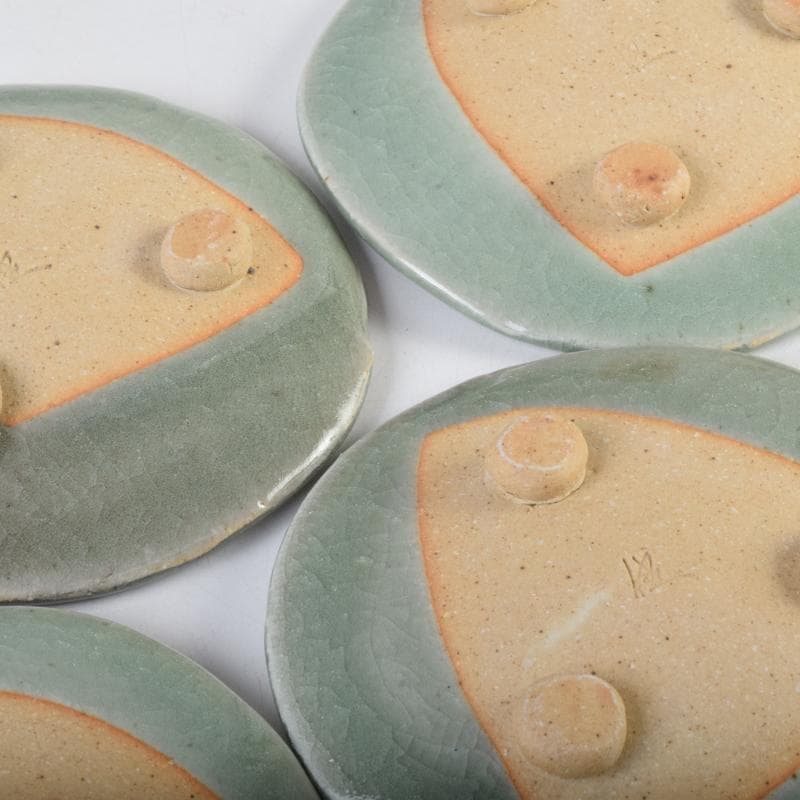 みゆ　天神窯　山田健吉作　青瓷絵　銘々皿　五客　共布共箱　C　9098