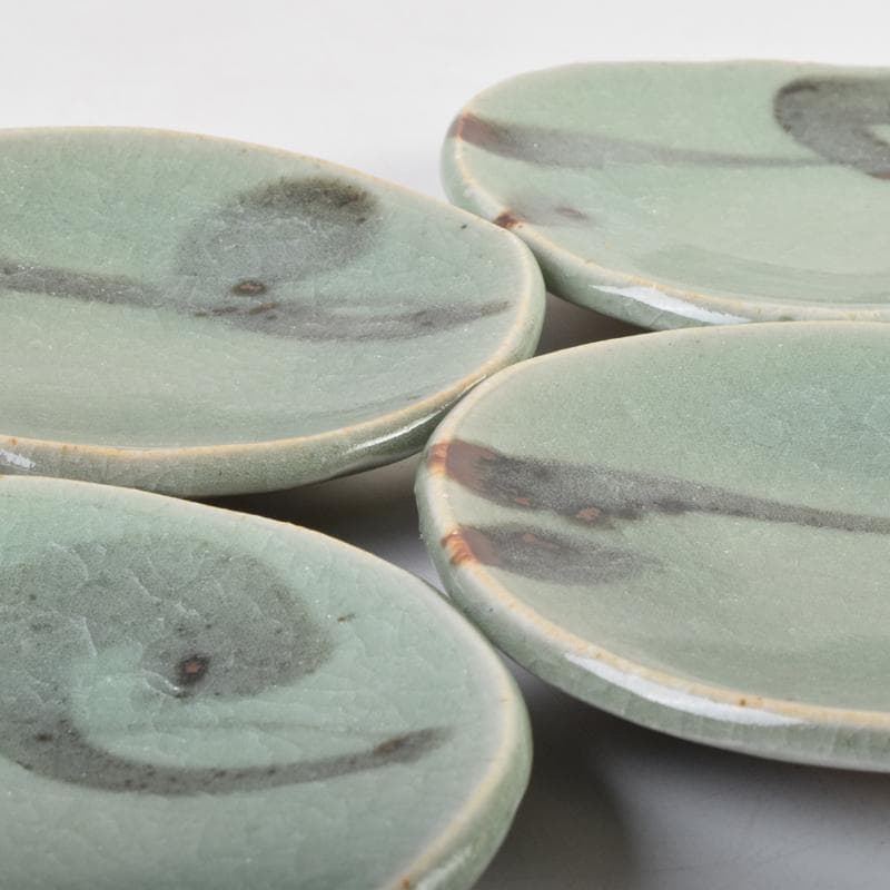 みゆ　天神窯　山田健吉作　青瓷絵　銘々皿　五客　共布共箱　C　9098