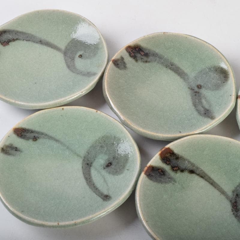 みゆ　天神窯　山田健吉作　青瓷絵　銘々皿　五客　共布共箱　C　9098