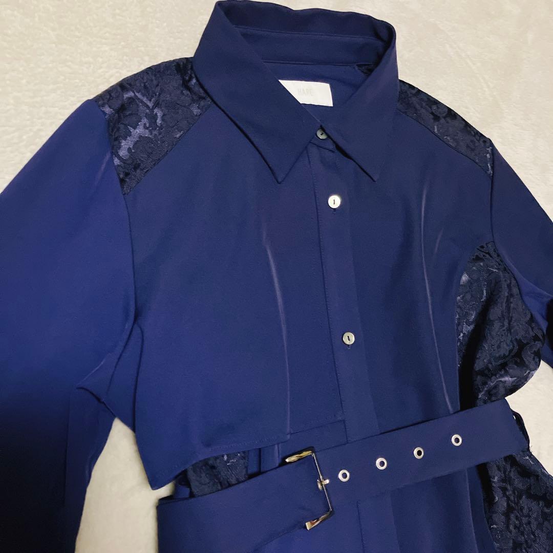 カットアウトジャガードキリカエワンピース　ブルー　ネイビー