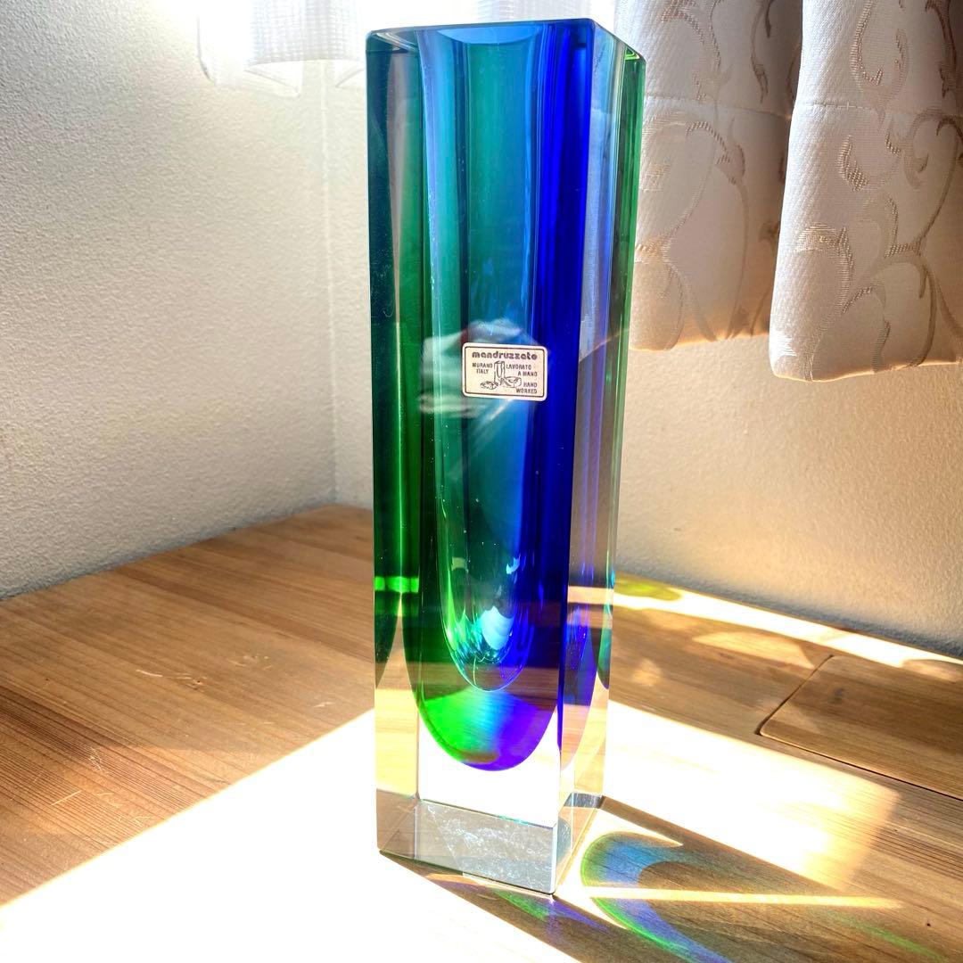 ソンメルソ　ムラーノ　青　緑　ムラノガラス　ベネチア　フラワーベース　四角