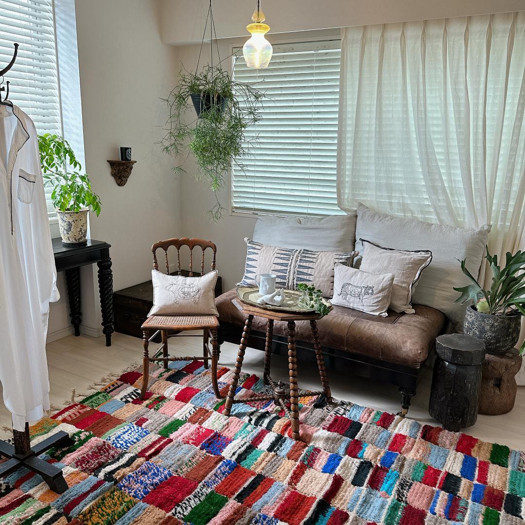 モロッコ製ラグ147 レア マルチカラー レッド ミント ブルー グリーン