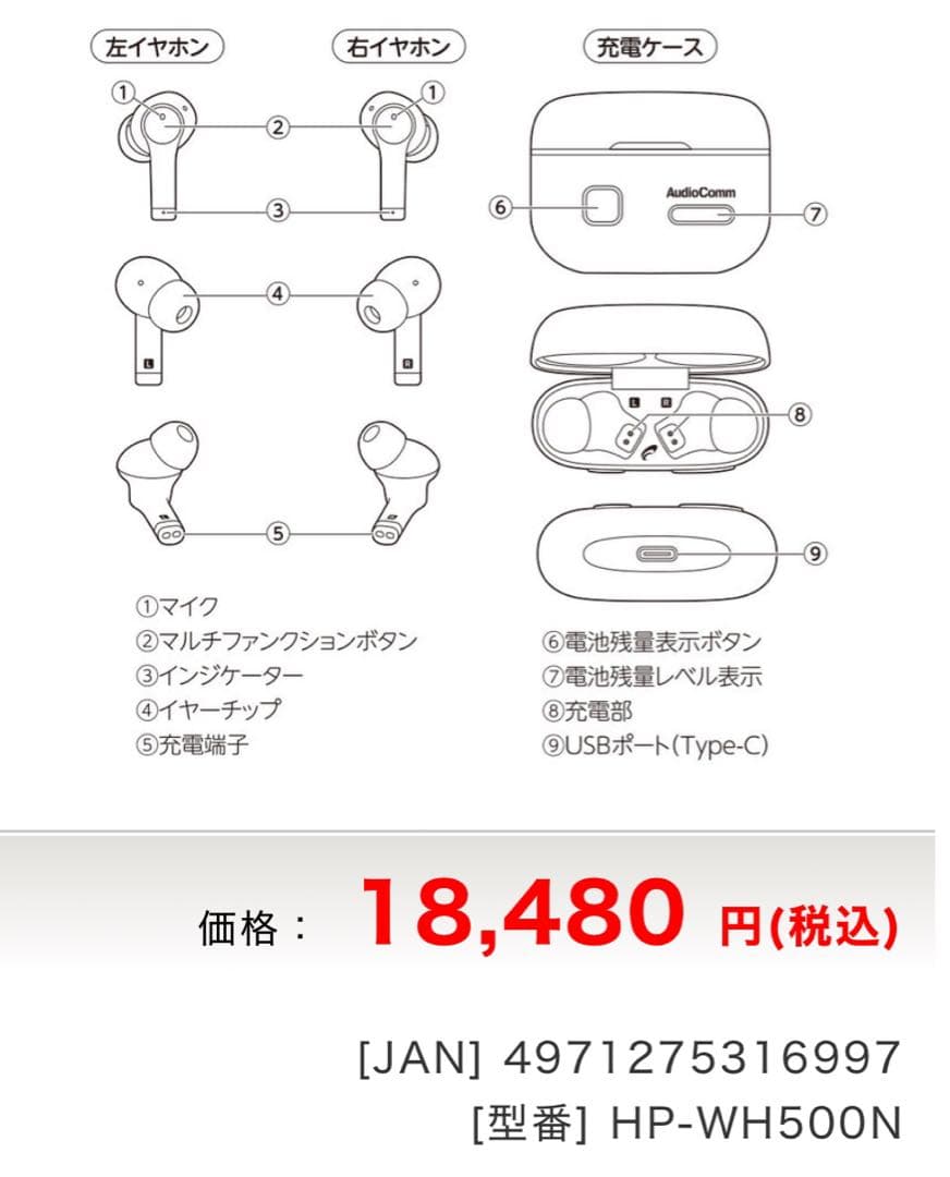 【美品】AudioComm HP-WH500N 完全ワイヤレス集音器