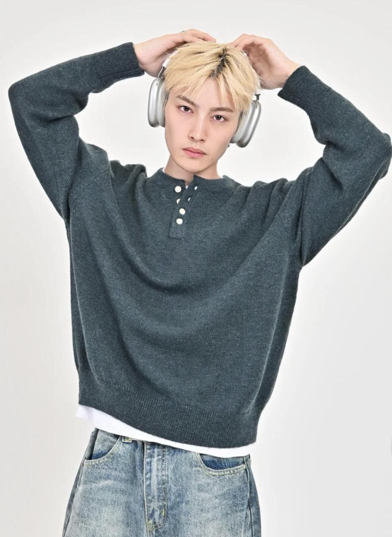 L2143　ウールブレンドヘンリーネックニット　L（blue）地底人ONLINE