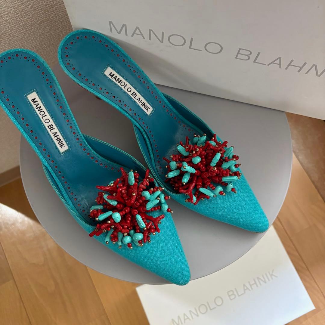 MANOLO BLAHNIKターコイズブルーミュールR46