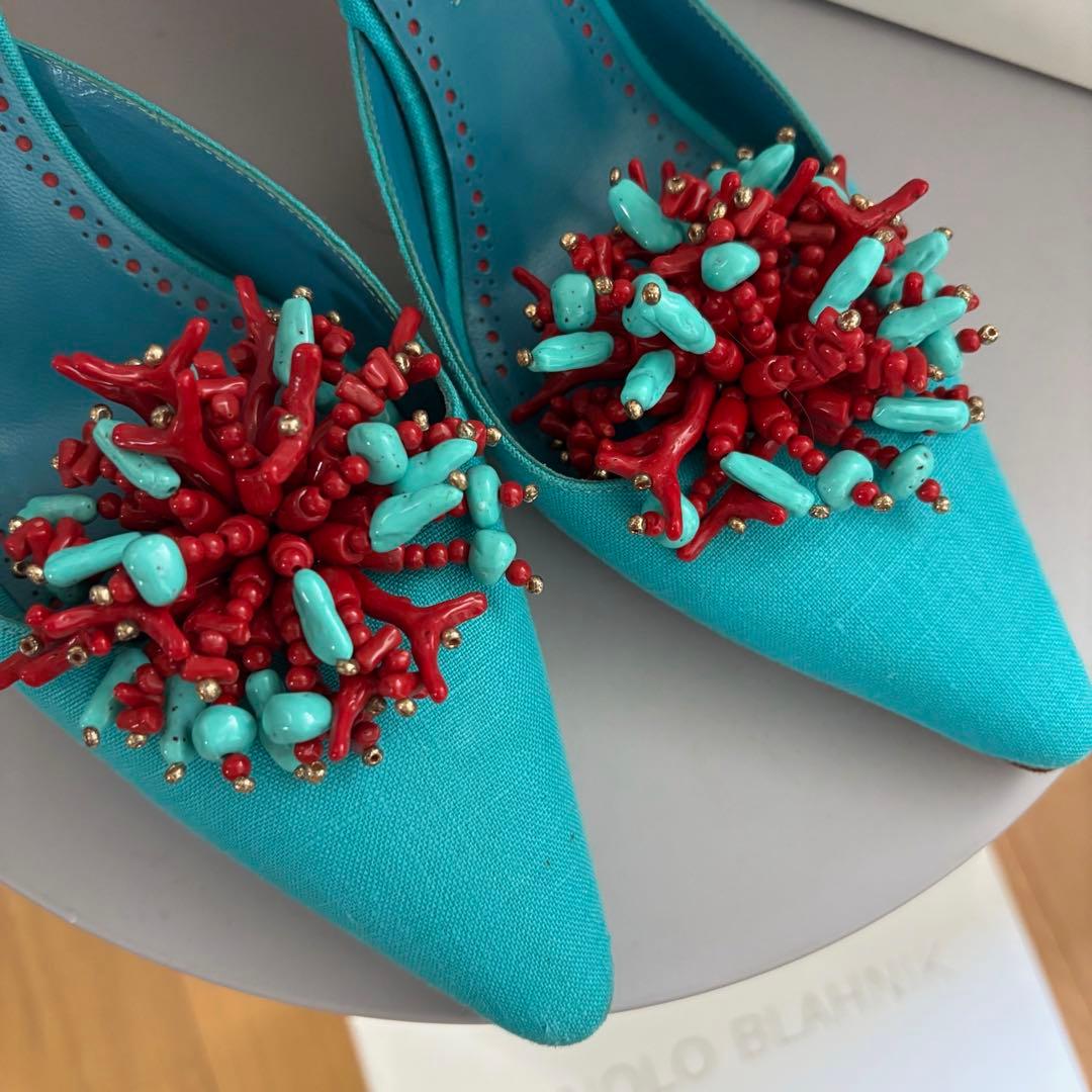 MANOLO BLAHNIKターコイズブルーミュールR46