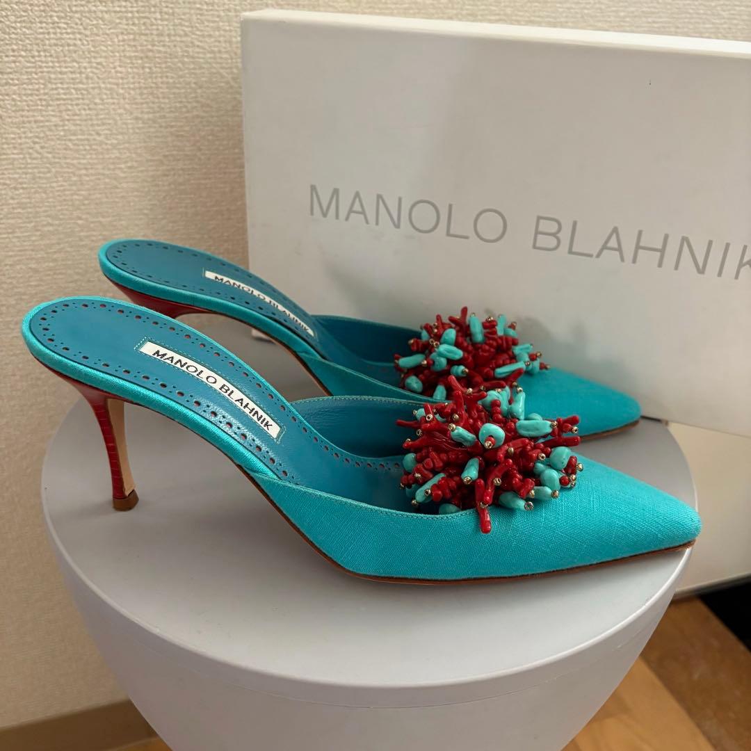 MANOLO BLAHNIKターコイズブルーミュールR46