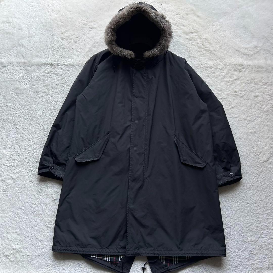 バーバリーブラックレーベル モッズコート 裏地チェック ライナー ファー 黒 L