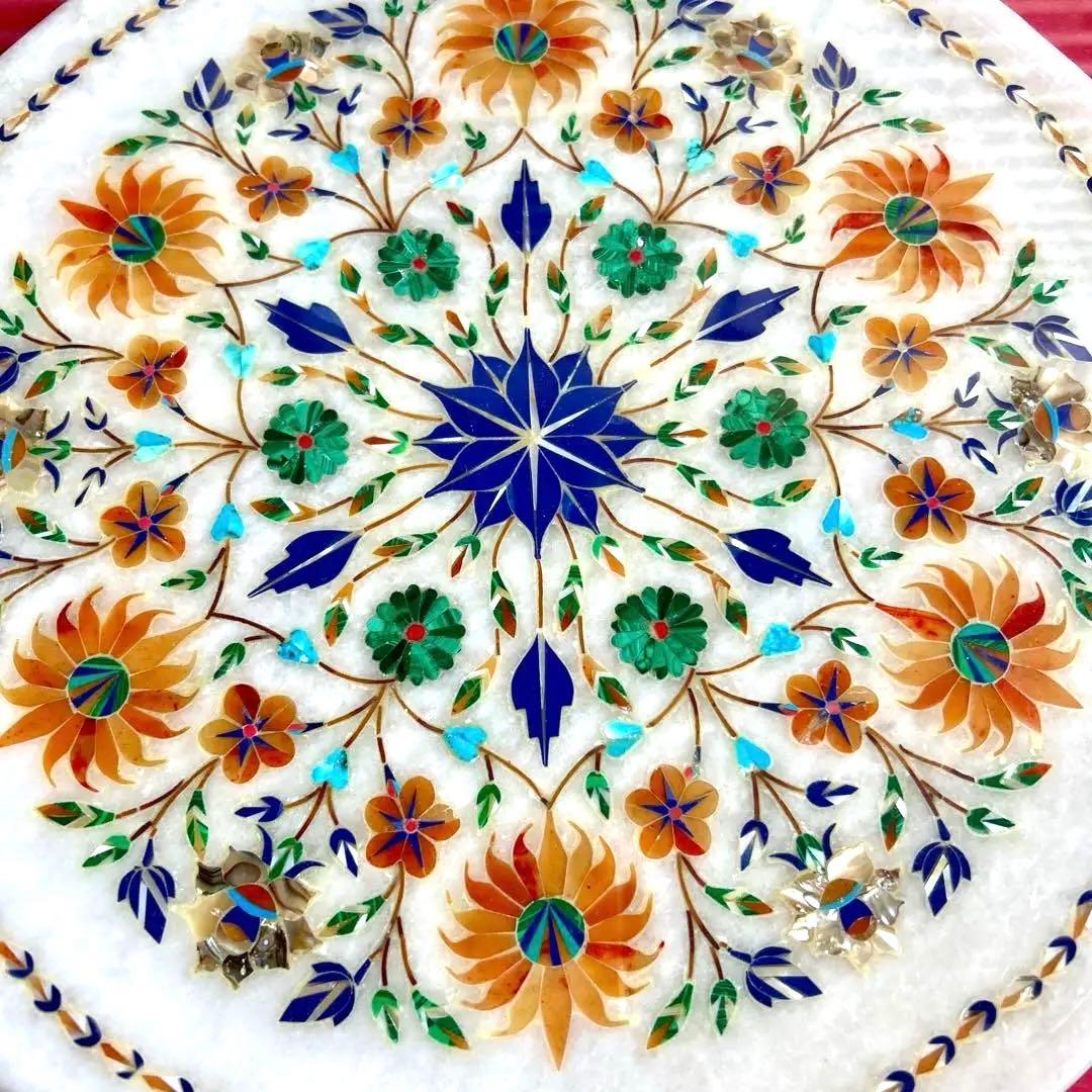 インド　大理石　象嵌細工 螺細　飾り皿　額装