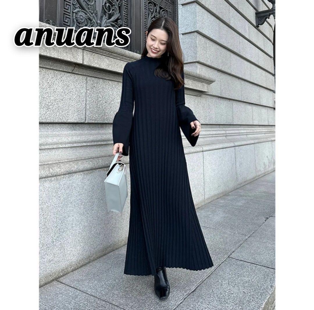 ✨極美品✨anuans ベルスリーブリブワンピース ネイビー ニット