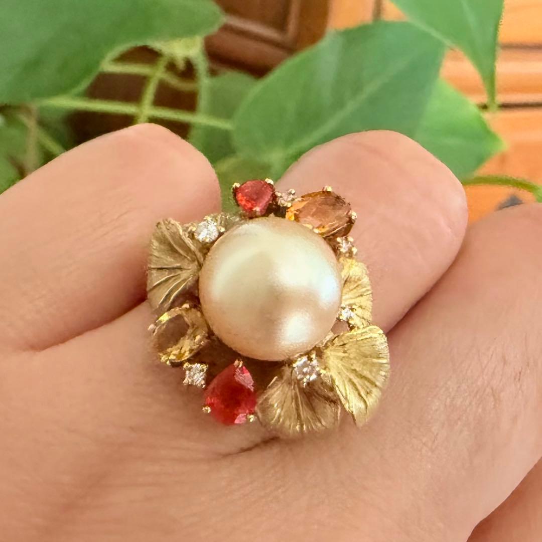 マイヤ様　k18YG南洋ゴールデンパールファイヤオパールダイヤシトリン彫金リング
