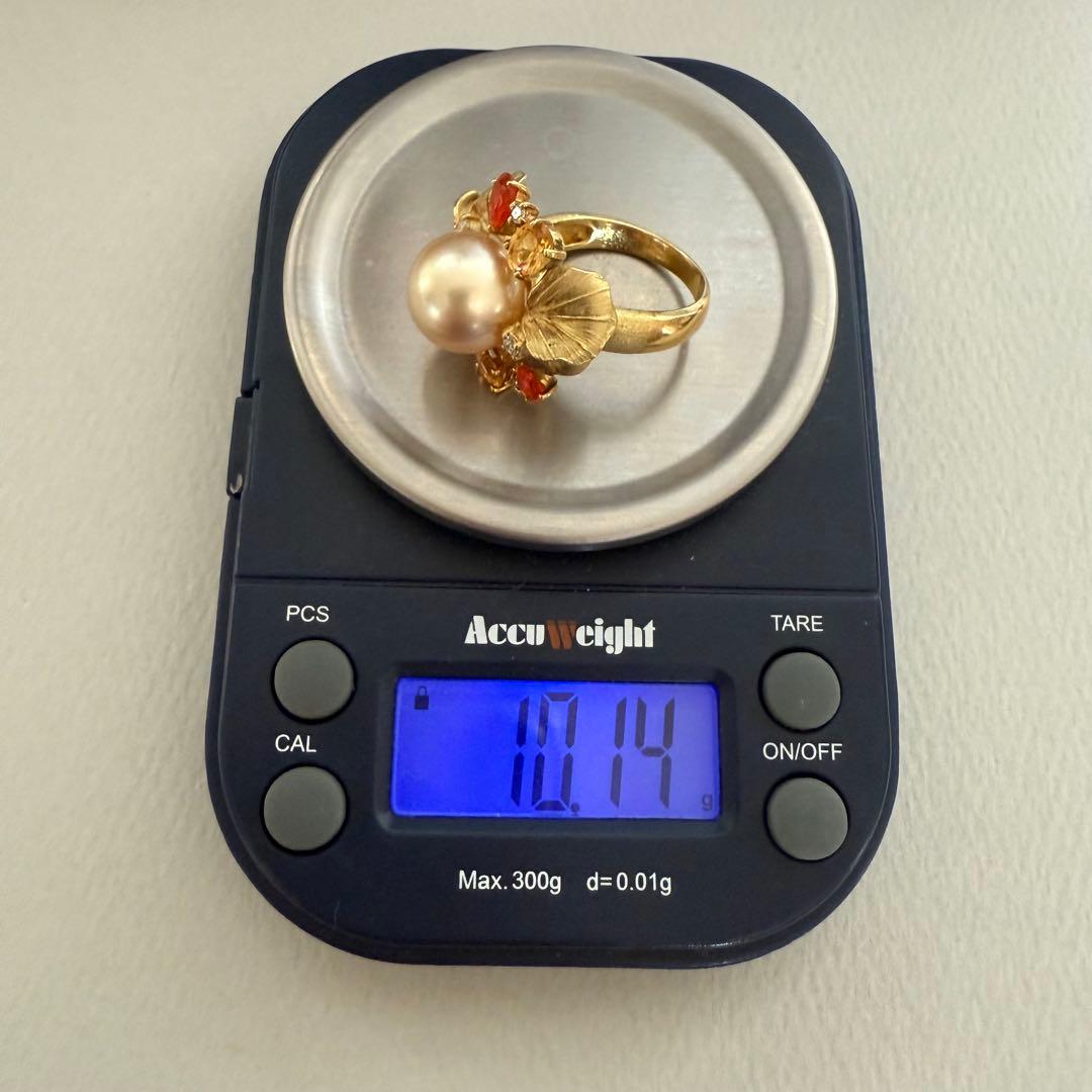 マイヤ様　k18YG南洋ゴールデンパールファイヤオパールダイヤシトリン彫金リング