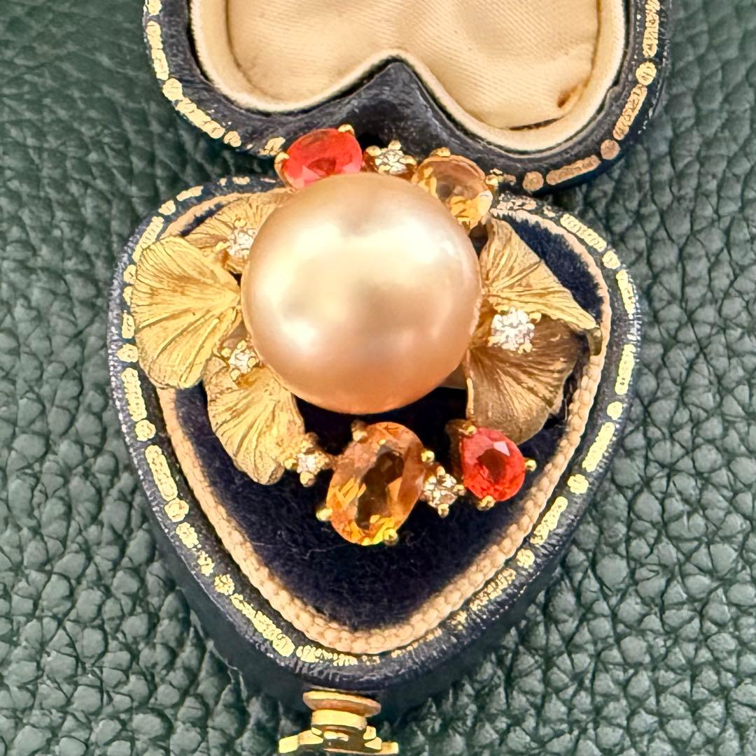 マイヤ様　k18YG南洋ゴールデンパールファイヤオパールダイヤシトリン彫金リング