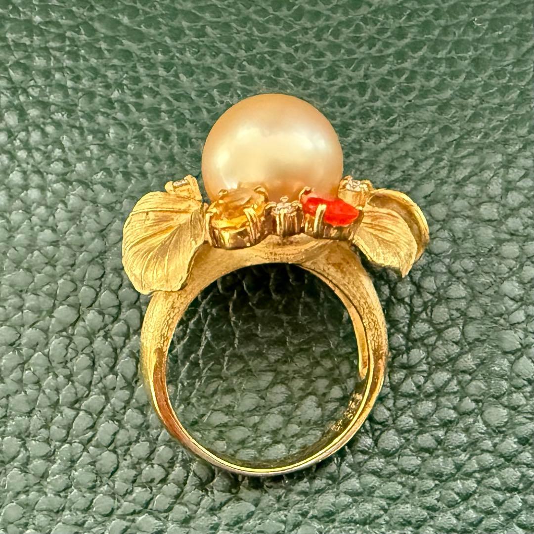 マイヤ様　k18YG南洋ゴールデンパールファイヤオパールダイヤシトリン彫金リング