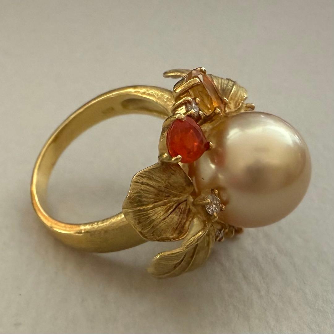 マイヤ様　k18YG南洋ゴールデンパールファイヤオパールダイヤシトリン彫金リング