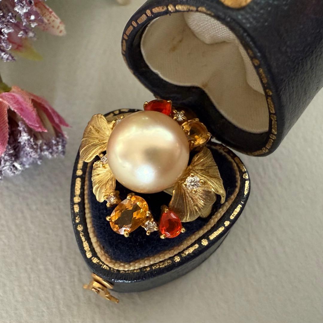 マイヤ様　k18YG南洋ゴールデンパールファイヤオパールダイヤシトリン彫金リング