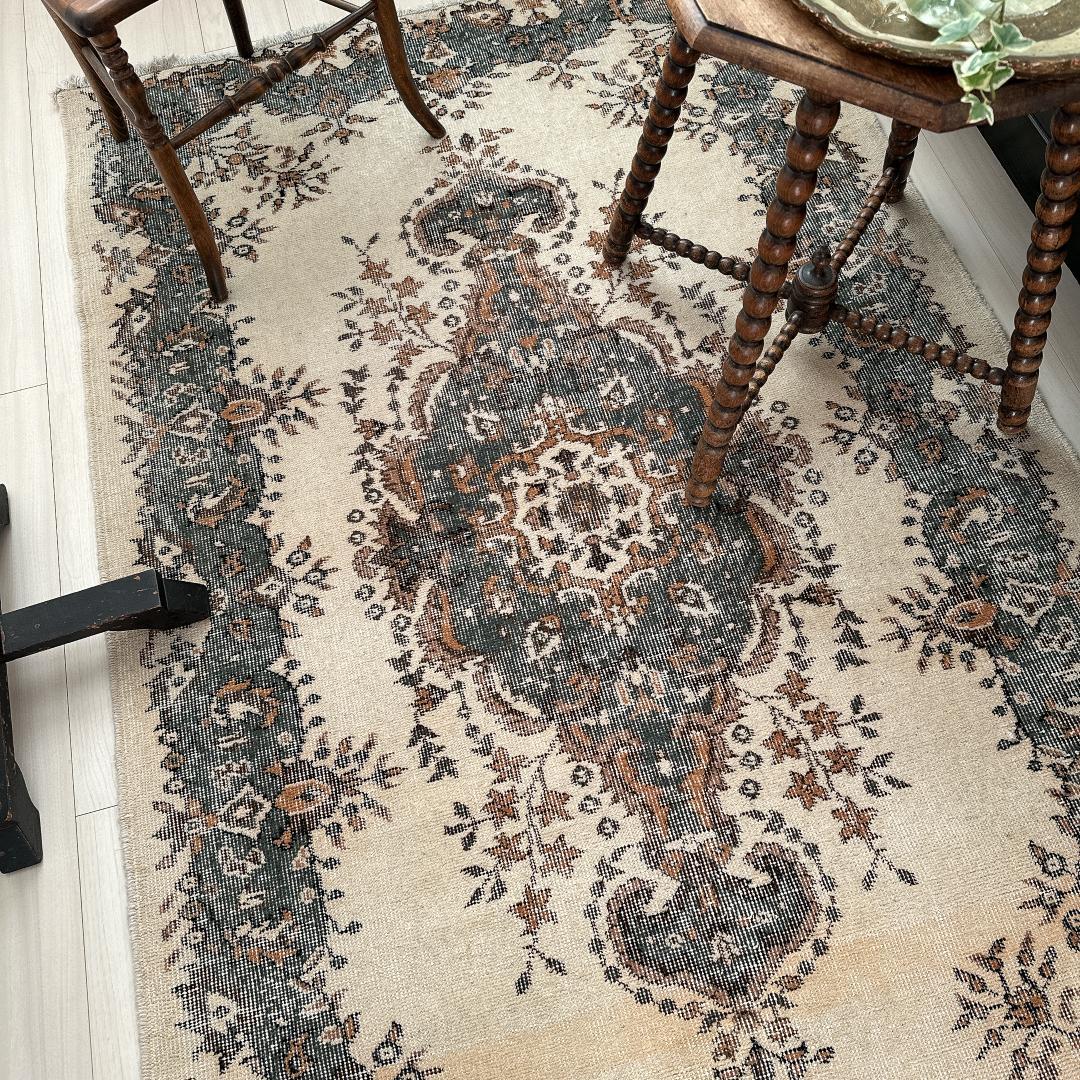 トルコ ヴィンテージラグ A101 カーキブラウン ダークグリーン メダリオン