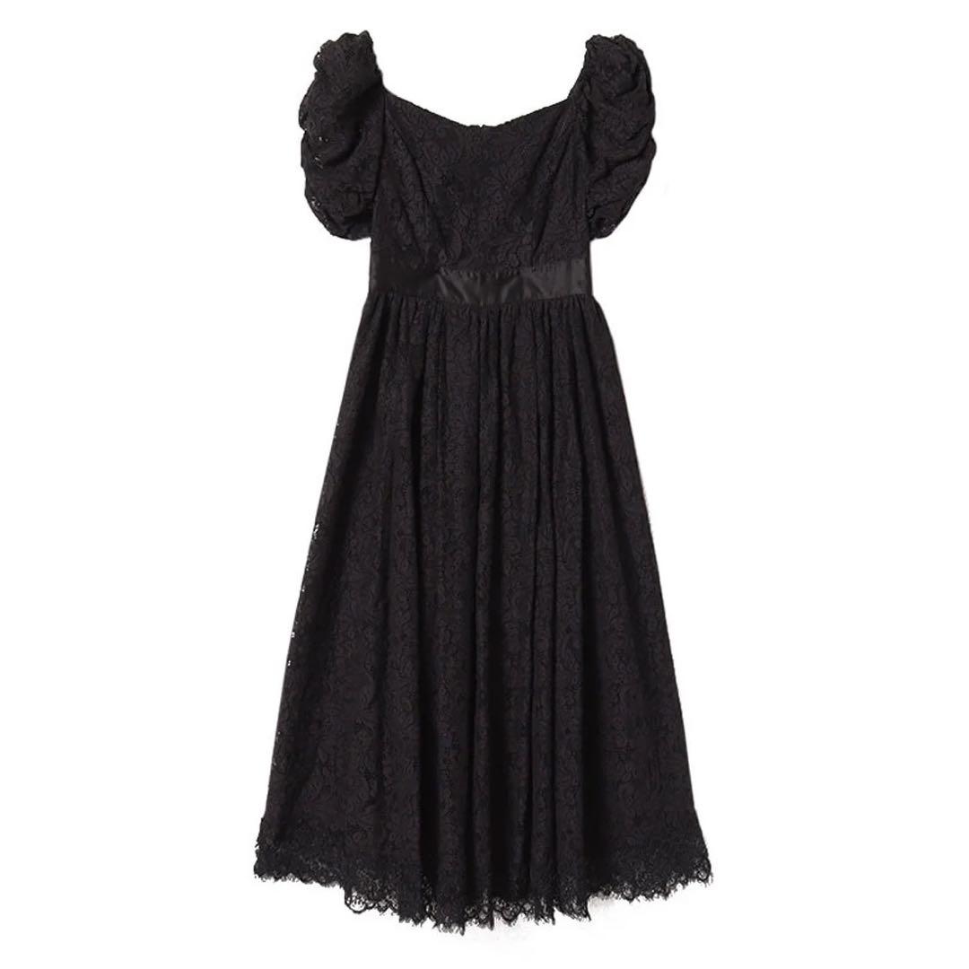 エイミーイストワール　ギャザーレーススクエアネックワンピース　ブラック