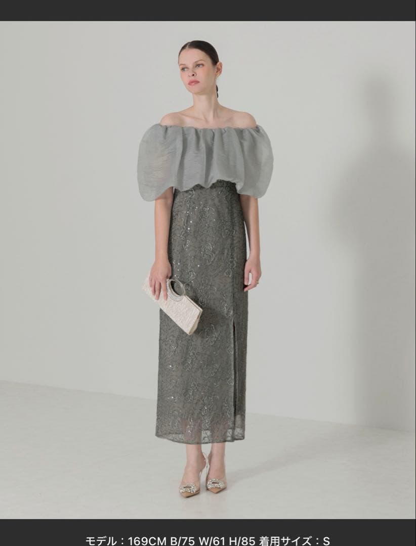 LEJA 2WAYオフショルダーパフスリーブスリットIラインロングドレス