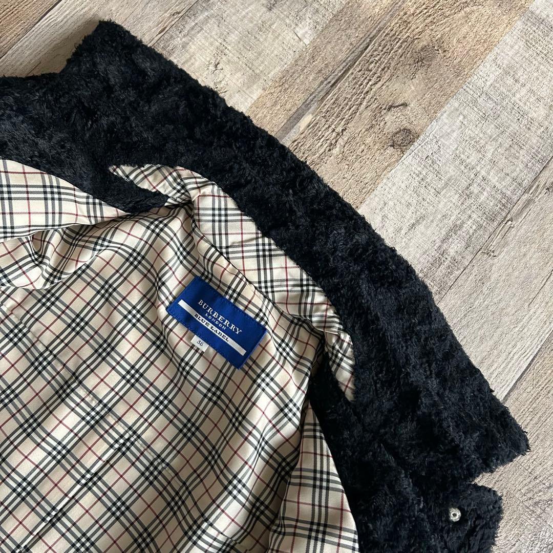 バーバリーブルーレーベル✿ボアジャケット 合成皮革 裏地ノバチェック 38 黒