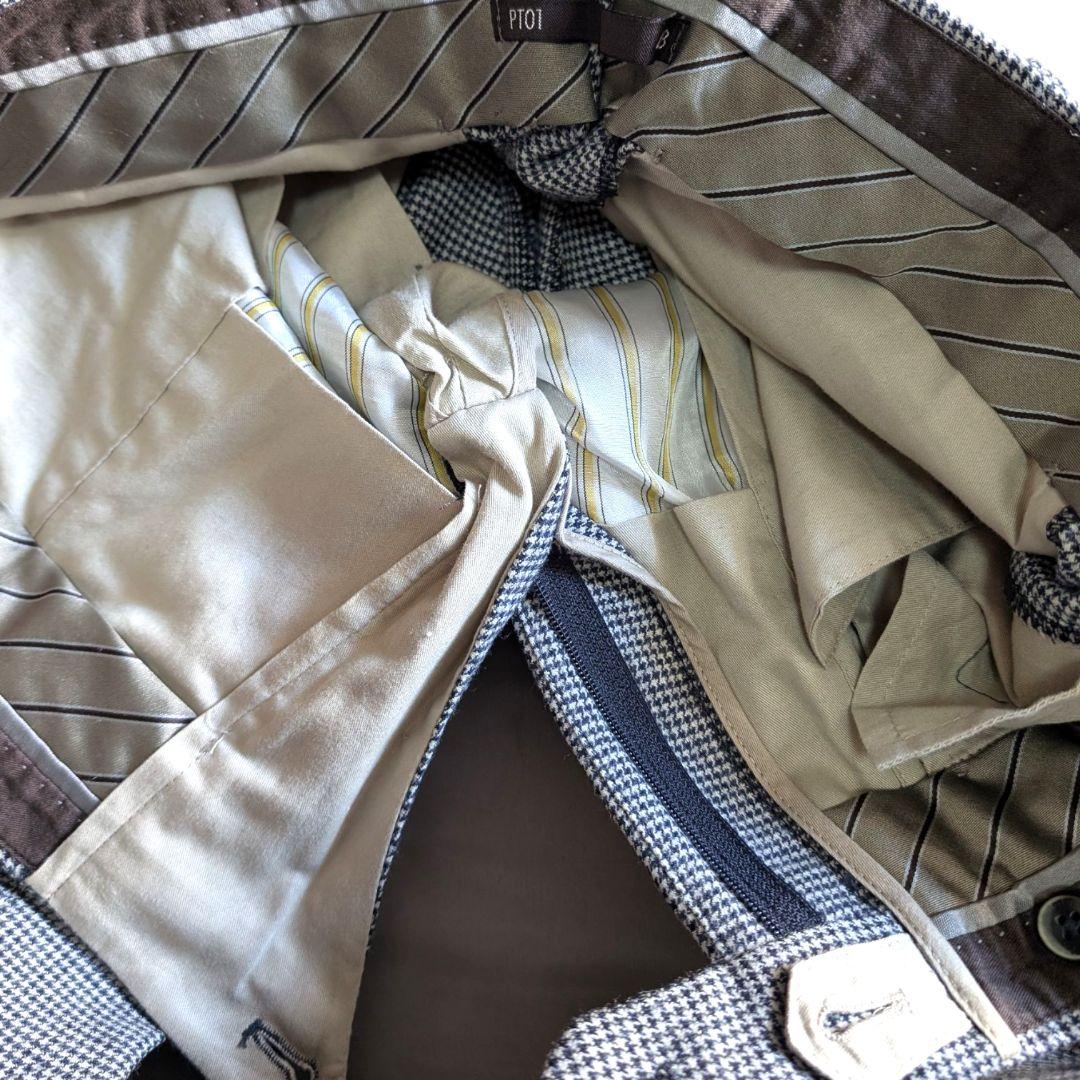 美品 PT01 千鳥格子 ストレッチ 秋冬ウール スラックス 48 ネイビー